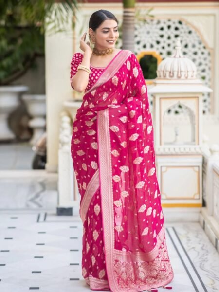 Vibrant Pink Semi-Georgette Silk Water Zari Saree – Lightweight & Premium Finish