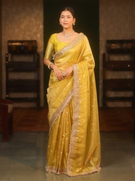 Banarasi Semi Katan Softy Silk Saree in Yellow – Elegant Lace Border & Zari Detailing