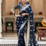 Regal Navy Blue Semi-Georgette Silk Water Zari Saree – Premium Soft Drape