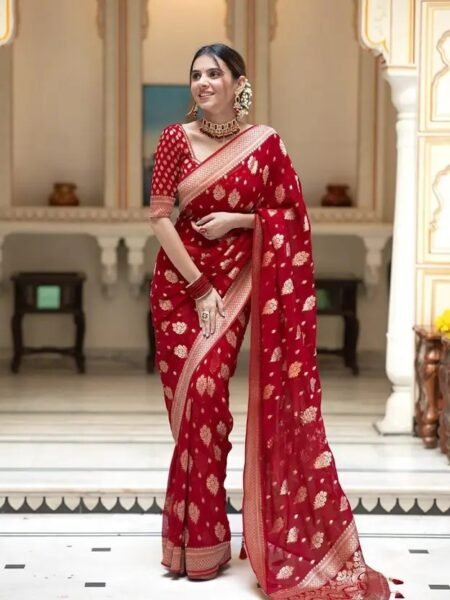 Majestic Red Semi-Georgette Silk Water Zari Saree – Lightweight & Premium Finish
