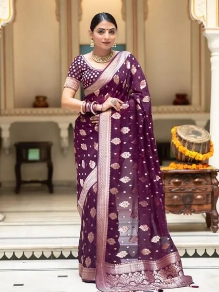 Royal Purple Semi-Georgette Silk Water Zari Saree – Premium Lightweight Drape
