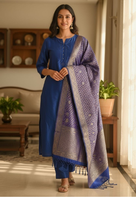 Unstitched Banarasi Soft Katan Silk Plain Suit in Royal Blue with Elegant Jaal Weaving Dupatta