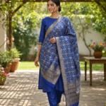 Unstitched Banarasi Soft Katan Silk Plain Suit in Royal Blue with Heavy Jaal Weaving Dupatta
