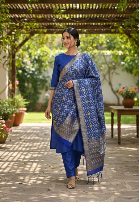 Unstitched Banarasi Soft Katan Silk Plain Suit in Royal Blue with Heavy Jaal Weaving Dupatta