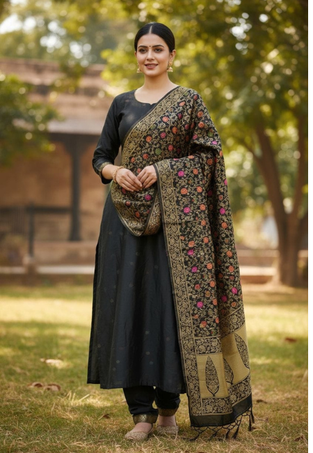 Unstitched Banarasi Soft Katan Silk Plain Suit in Black with Heavy Jaal Weaving Dupatta