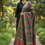 Unstitched Banarasi Soft Katan Silk Plain Suit in Black with Heavy Multicolour Jaal Weaving Dupatta