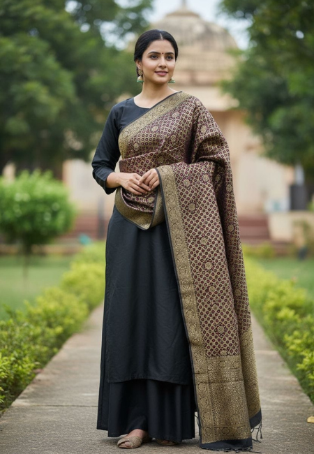 Unstitched Banarasi Soft Katan Silk Plain Suit in Black with Heavy Jaal Weaving Dupatta