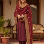 Unstitched Banarasi Soft Katan Silk Plain Suit in Maroon with Heavy Zari Weaving Dupatta
