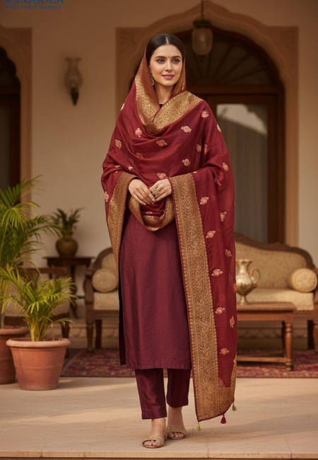 Unstitched Banarasi Soft Katan Silk Plain Suit in Maroon with Heavy Zari Weaving Dupatta
