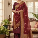 Unstitched Banarasi Soft Katan Silk Plain Suit in Maroon with Heavy Zari Weaving Dupatta