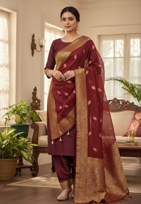 Unstitched Banarasi Soft Katan Silk Plain Suit in Maroon with Heavy Zari Weaving Dupatta