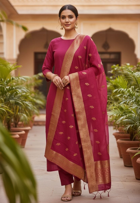 Unstitched Banarasi Soft Katan Silk Plain Suit in Rani Pink with Heavy Zari Weaving Dupatta