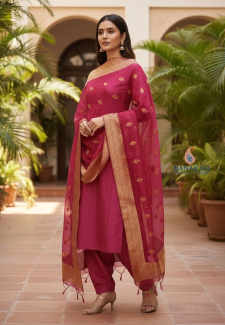 Unstitched eBanarasi Soft Katan Silk Plain Suit in Rani Pink with Heavy Zari Weaving Dupatta