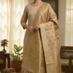 Unstitched Banarasi Soft Katan Silk Plain Suit in Golden Beige with Heavy Zari Weaving Dupatta
