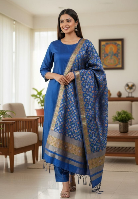Unstitched Banarasi Soft Katan Silk Plain Suit in Royal Blue with Heavy Jaal Weaving Dupatta