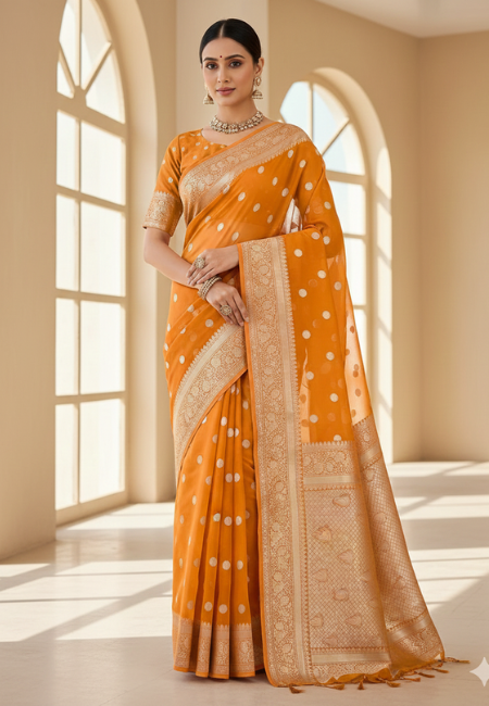 Burnt Orange Banarasi Soft Organza Silk Woven Dyeable Saree with Zari Borde