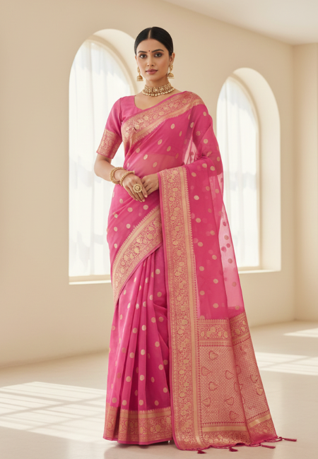Rani Pink Banarasi Soft Organza Silk Woven Dyeable Saree with Zari Border