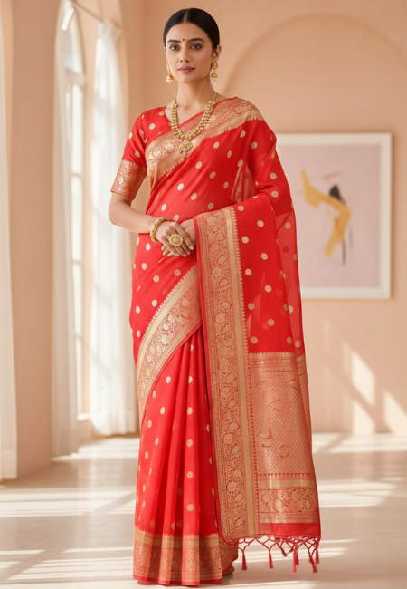 Bright Red Banarasi Soft Organza Silk Woven Dyeable Saree with Zari Border