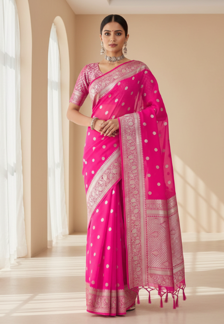 Hot Pink Banarasi Soft Organza Silk Woven Dyeable Saree with Zari Border