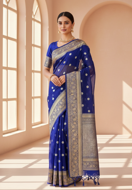 Royal Blue Banarasi Soft Organza Silk Woven Dyeable Saree with Zari Border