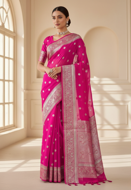 Magenta Pink Banarasi Soft Organza Silk Woven Dyeable Saree with Zari Border