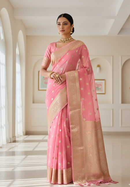 Peach Pink Banarasi Soft Organza Silk Woven Dyeable Saree with Zari Border