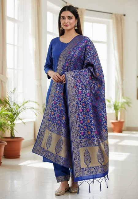 Unstitched Banarasi Soft Katan Silk Plain Suit in Royal Blue with Heavy Jaal Weaving Dupatta