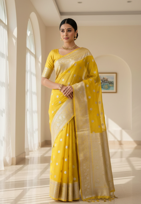 Mustard Yellow Banarasi Soft Organza Silk Woven Dyeable Saree with Zari Border