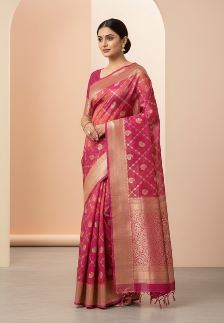 Unstitched Rani Pink Premium Banarasi Tissue Crush Soft Saree with 30-Number Zari Weaving & Box Buti Design