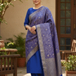Unstitched Banarasi Soft Katan Silk Plain Suit in Royal Blue with Heavy Jaal Weaving Dupatta