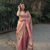 Rose Pink Banarasi Premium Semi Tissue Silk Saree with Beautiful Lace Work Border