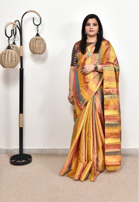 Pure Handloom Multicolour Golden Jari Tissue Saree with Running Tissue Pallu & Blouse
