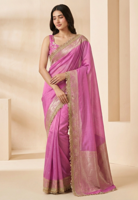 Elegant Pink Tissue Silk Woven Kaat Band Work Saree with Premium Lace