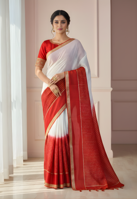 Elegant Red & Off-White Pure Viscose Chex Saree with Satin Patta Border