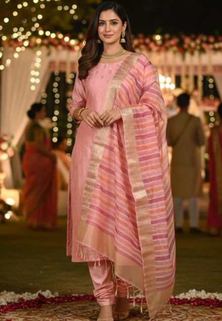 Unstitched Banarasi Chanderi Suit with Fancy Jacquard Stripe Dupatta – Graceful Festive Ethnic Wear