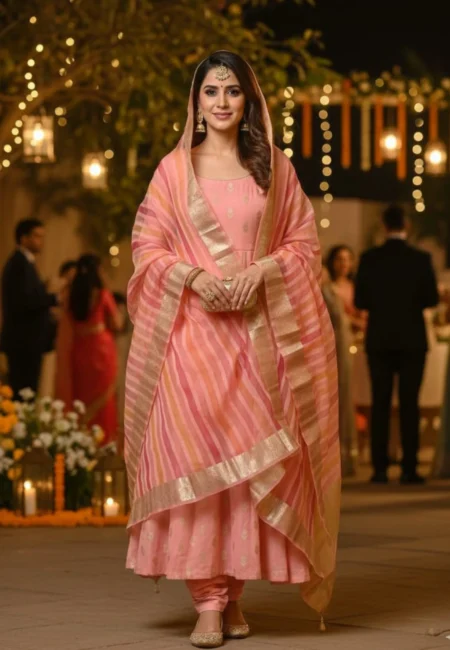 Unstitched Banarasi Chanderi Suit with Fancy Jacquard Stripe Dupatta – Soft Pink Festive Elegance