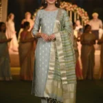 Unstitched Banarasi Chanderi Suit with Fancy Jacquard Stripe Dupatta – Powder Blue Festive Elegance