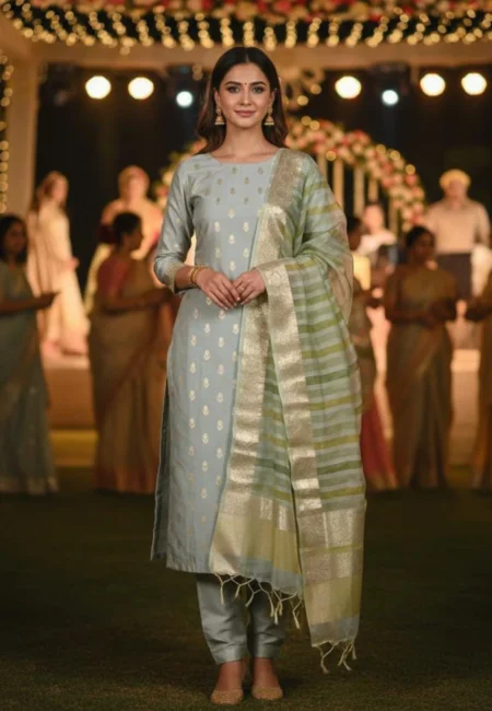 Unstitched Banarasi Chanderi Suit with Fancy Jacquard Stripe Dupatta – Powder Blue Festive Elegance