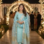 Unstitched Banarasi Chanderi Suit with Fancy Jacquard Stripe Dupatta – Aqua Blue Festive Elegance