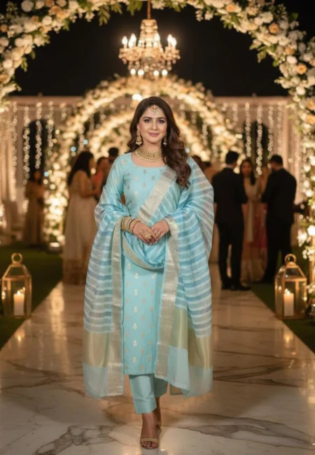 Unstitched Banarasi Chanderi Suit with Fancy Jacquard Stripe Dupatta – Aqua Blue Festive Elegance