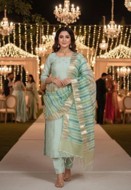 Unstitched Banarasi Chanderi Suit with Fancy Jacquard Stripe Dupatta – Mint Aqua Festive Elegance