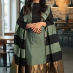Unstitched Banarasi Cotton Suit with Resham Stripe Dupatta – Sage Green & Black Elegance