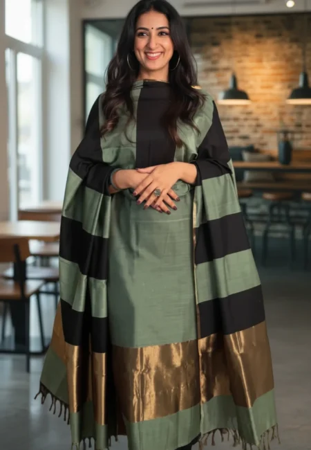 Unstitched Banarasi Cotton Suit with Resham Stripe Dupatta – Sage Green & Black Elegance