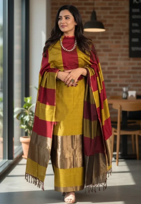 Unstitched Banarasi Cotton Suit with Resham Stripe Dupatta – Mustard Yellow & Maroon Elegance