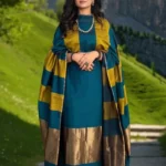 Unstitched Banarasi Cotton Suit with Resham Stripe Dupatta – Peacock Teal & Mustard Elegance