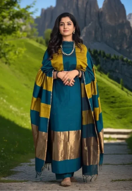 Unstitched Banarasi Cotton Suit with Resham Stripe Dupatta – Peacock Teal & Mustard Elegance