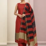 Unstitched Banarasi Cotton Suit with Stripe Dupatta – Brick Red & Black Elegance