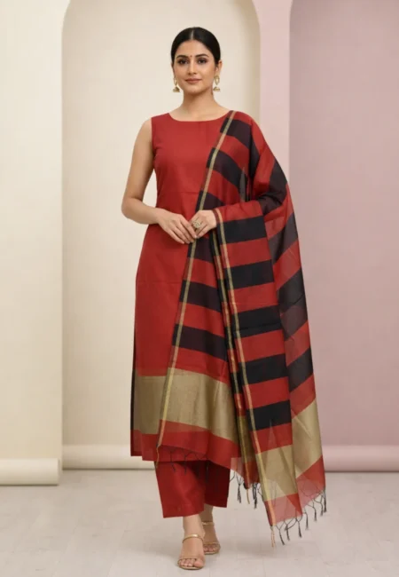 Unstitched Banarasi Cotton Suit with Stripe Dupatta – Brick Red & Black Elegance