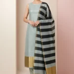 Unstitched Banarasi Cotton Suit with Stripe Dupatta – Silver Sage Green & Black Elegance