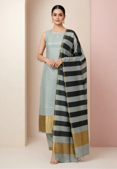 Unstitched Banarasi Cotton Suit with Stripe Dupatta – Silver Sage Green & Black Elegance